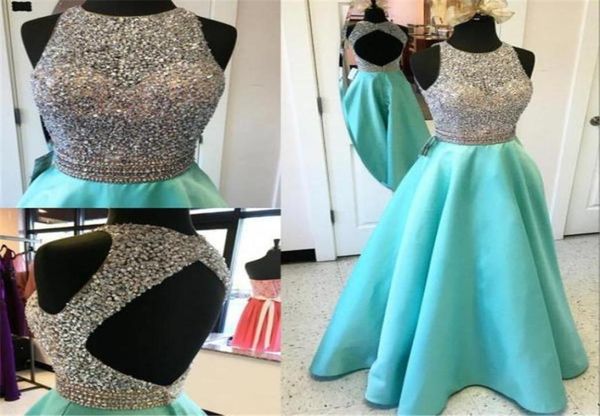 

floorlength aline sleeveless crystal luxury halter prom dresses blue beading open back evening dress blue party gowns6071134, Black
