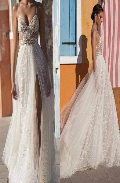 

gali karten beach wedding dresses side split spaghetti illusion boho wedding gowns sweep train pearls backless bohemian bride4566427, White