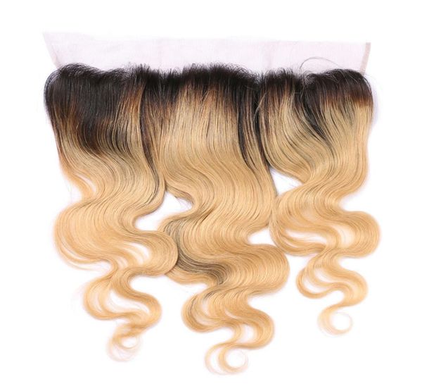 

13x4 ear to ear brazilian body wave pre plucked lace frontal closure ombre 1b27 non remy two tone human hair7228437, Black;brown