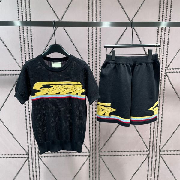 

2023 summer designer 3 color shorts suit women short sleeve knitted o-neck hollow out loose shirt elastic waist letter shorts, White