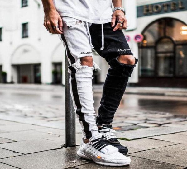 

mens designer jeans autumn casual street style hole black and white letter printed pencil pants fashion mens jeans3899901, Blue