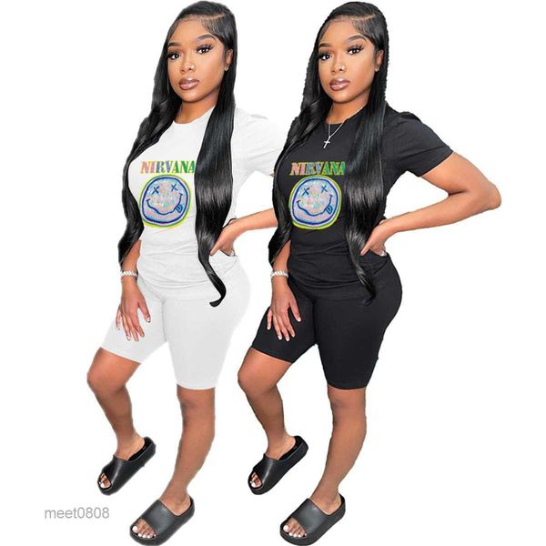 

2023 summer women's tracksuits women's solid short sleeve and shorts smiling face printed two piece set cw232, Gray
