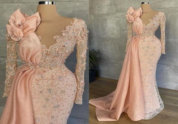 

peach pink long sleeves mermaid evening formal dresses sparkly lace beaded illusion aso ebi african prom gowns bc108857563330, Black;red