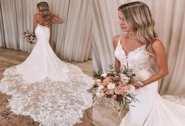 

gorgeous white ivory lace mermaid wedding dresses spaghetti straps open back long train robes de mariage custom made backless9429236