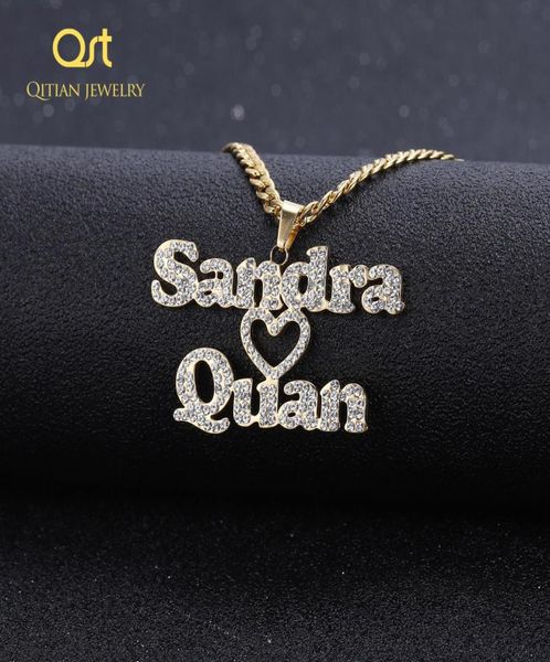 

personalized custom iced out double name necklace love heart choker thick chain necklaces handwriting nameplate couple jewelry7533018, Silver