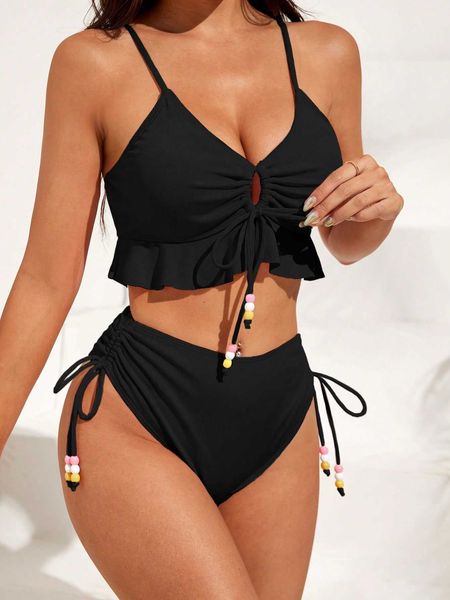 

women's ruffle drawstring bikini swimsuit, White;black