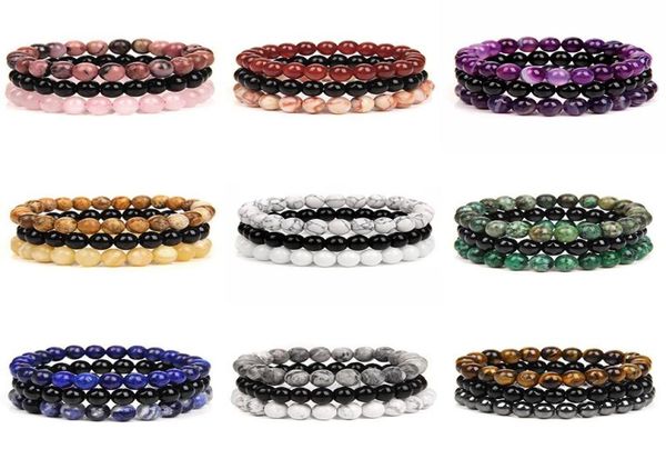 

beaded strands 3pcsset natural stone bracelets for women men fashion 8mm beads bracelet sets rose quartzs amethysts sodalite hem8878351, Black