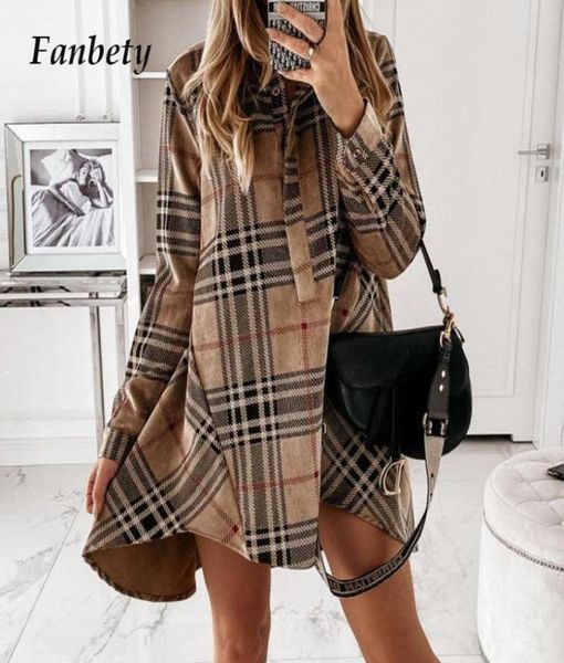 

women elegant plaid print buttons irregular party dress office lady turndown collar shirt loose mini vestido3834126, Black;gray