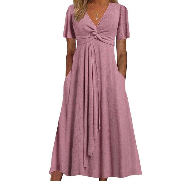 

summer fashion solid color and v neck short sleeve casual swing dress for women, Black;gray