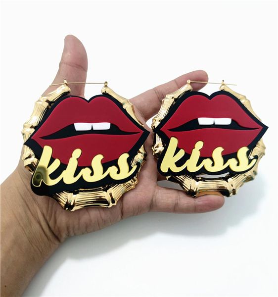 

kiss red lips big bamboo hoop earrings for women mirror gold letter hyperbole hiphop rock acrylic festival party jewelry6704142, Golden;silver