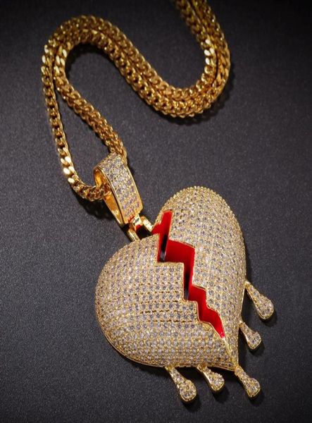 

iced out broken heart pendant necklace mens womens fashion hip hop jewelry gold silver water drop necklaces8427044