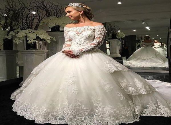 

gorgeous princess wedding dresses ball gown long sleeve off shoulder beaded appliques lace chapel train country bridal gowns custo7319506, White