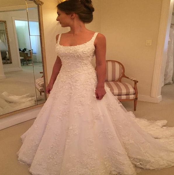 

romantic lace fashion tulle square neck a line wedding dresses princess open back long bridal gowns custom made modern appl3997809, White