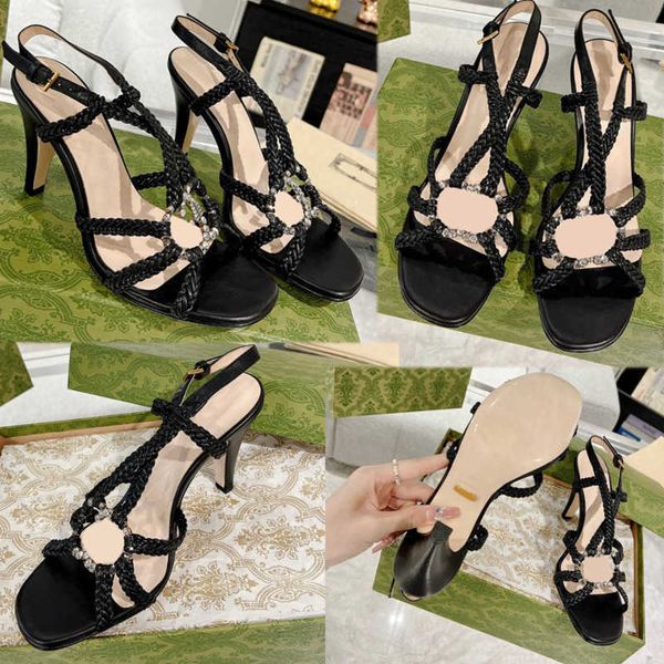 

new womens luxury brand sandals high heels upper with crystal signature grand celebrity style high heels summer party trending sandals desig, Black