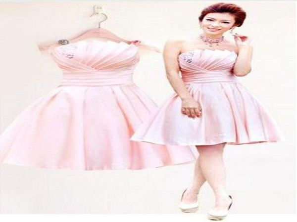 

new light pink strapless elegant sleeveless laceup ruffle beading satin mini aline bridesmaid dresseswedding party dresse7817016, White;pink
