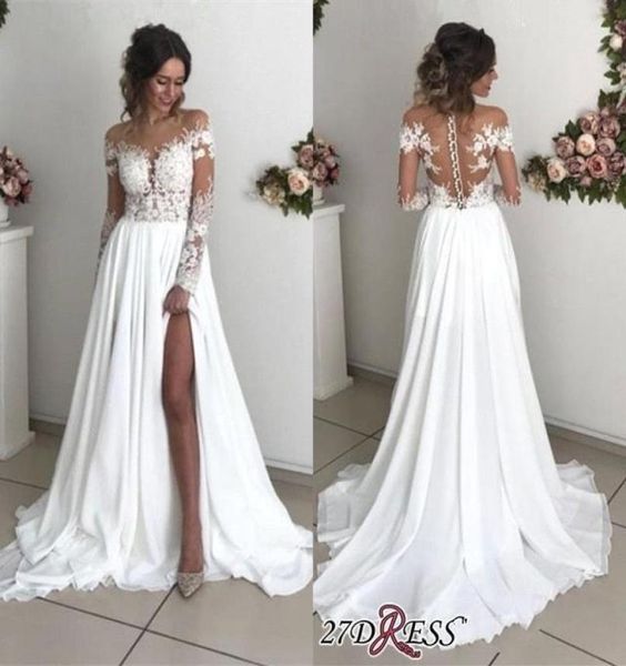 

modern sheer long sleeve bohemian wedding dresses a line bridal gowns appliques jewel neck illusion back with buttons bc00125516059, White