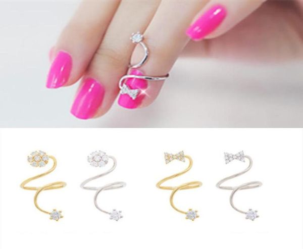 

rhinestone bow joint rings spiral adjustable crystal finger ring jewelry for women whole 2 style6154892, Silver