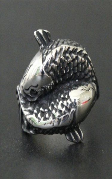 

2pcslot silver double fish ring 316l stainless steel biker style men boys fish ring6914438