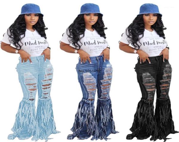 

women039s jeans whole women ripped hollow denim trousers retro solid color flared pants street high waist stack2328627, Blue
