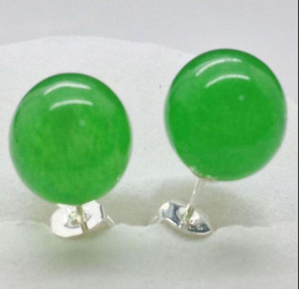 

new 10mm natural green jade round beads silver stud earrings5505520, White
