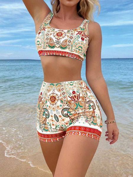 

women's paisley print bikini set crop tank boxer shorts 2 piece swimsuit, White;black