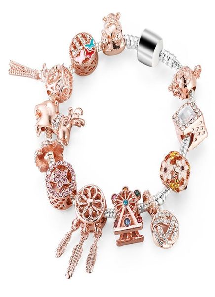 

fashion sterling silver rose gold crystal dream catcher murano lampwork glass european charm beads dangle fits pandora charm bra2545533, Black