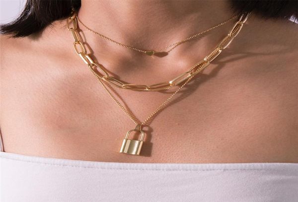 

women necklace choker necklaces multi layer lovers lock pendant heart lockchain necklace collier couple jewelry gifts cny9592489479, Golden;silver