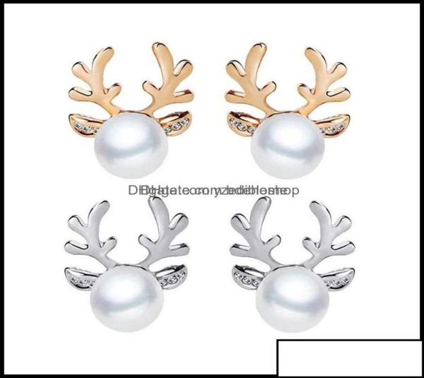 

stud earrings jewelry luxury pearl antlers christmas reindeer elk animal rhinestone crystal sier for women girls fashion8317185, Golden;silver