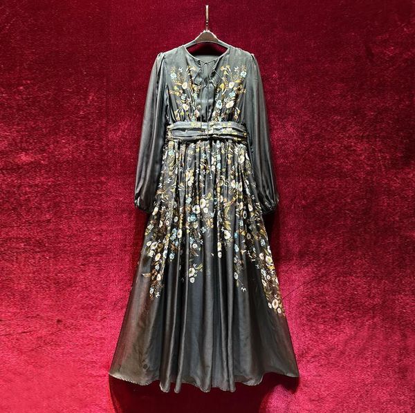 

european and american women's dress 2023 summer new style long sleeve tie round neck floral print fashion black pleated dress, Black;gray