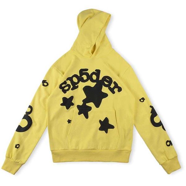 

european and american young thug sp5der 555555 star print yellow hoodie, Black