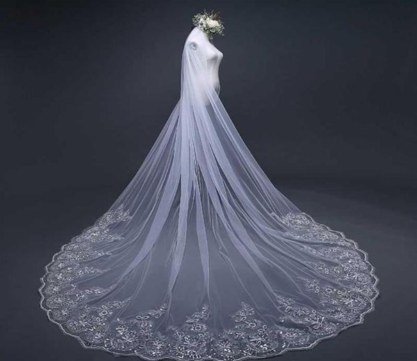 

4m onelayer women trailing cathedral long wedding veil embroidered floral lace applique scalloped trim bridal veil with comb x0725556886, Slivery;golden