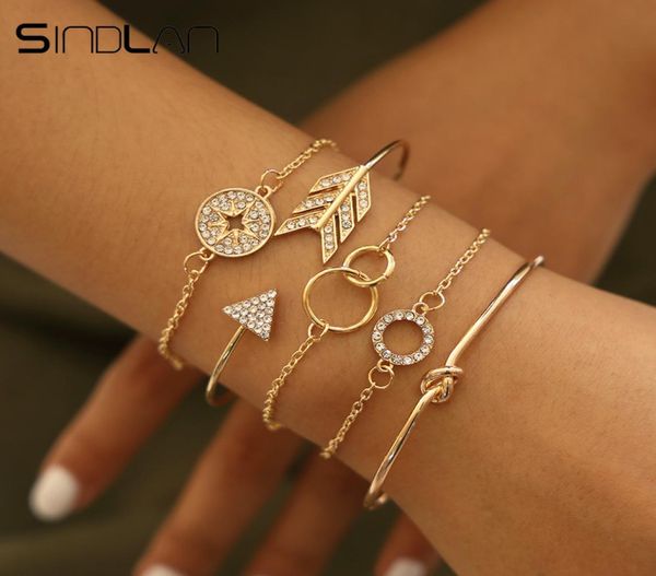 

sindlan 5pcs crystal geometric bangles for women vintage gold open bracelets set arrow compass boho bracelet wrist chain jewelry2265470, Golden;silver