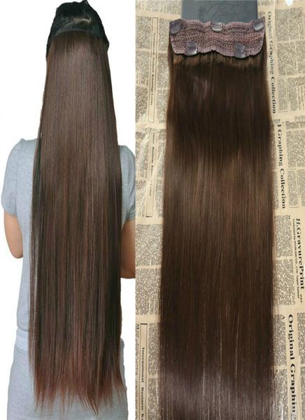 

whole real remy human hair 4 dark brown one piece clip in hair extensions with 5 clips slik straight clip on extension 100g3190338, Black