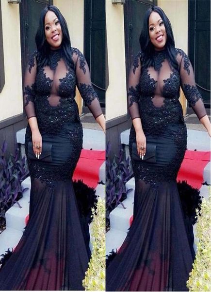 

african black girls plus size black long prom dresses mermaid high neck illusion sheer appliques sequins long evening gowns sd1106265