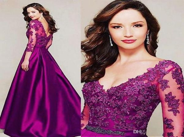 

34 long sleeves elegant v neck mother of the bride party gowns with beaded applique a line satin evening dresses formal5826446, Black;red