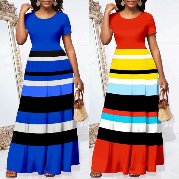 

womens short sleeve striped dress digital printing fashion casual, Black;gray