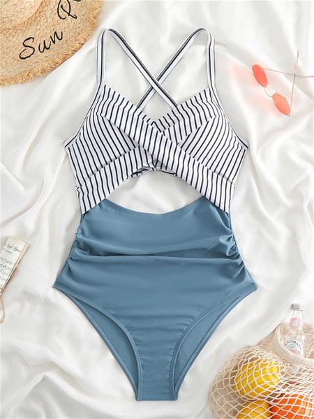 

women's striped print cut out criss cross ruched side onepiece swimsuit
