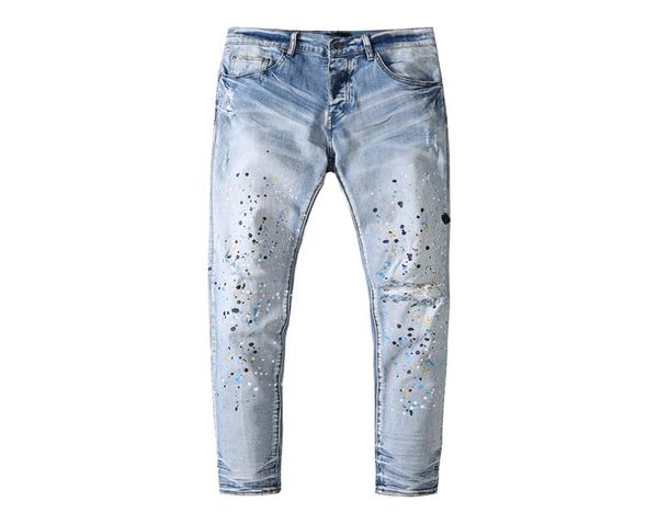 

mens jeans splashink printing hole light blue european and american fashion3889535
