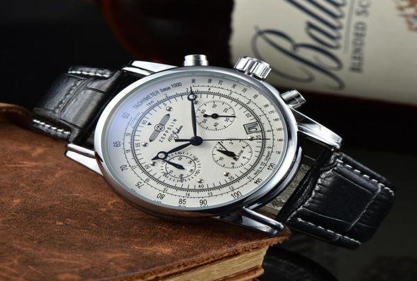 

2022 men watch new zeppelin watch waterproof leather business casual quartz watch men039s three eyes multifunction chronogr2902655, Slivery;golden