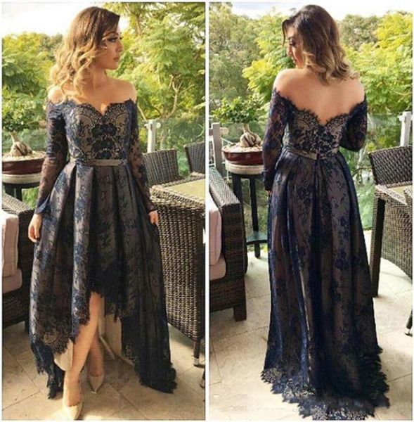 

navy blue lace high low prom dresses long sleeves off shoulder formal evening party gowns dress 2017 robes arabic plus size 1690037, Black