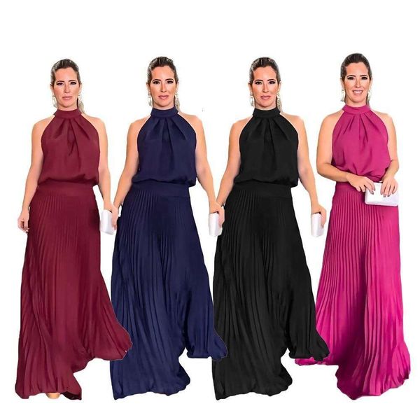 

sleeveless lace up casual backless halter pleated dress, Black;gray