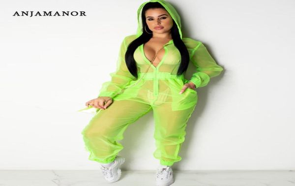 

anjamanor sheer mesh casual one piece jumpsuit women organza long sleeve zip up romper neon pink green orange d90ac12 y200425125039, Black;white