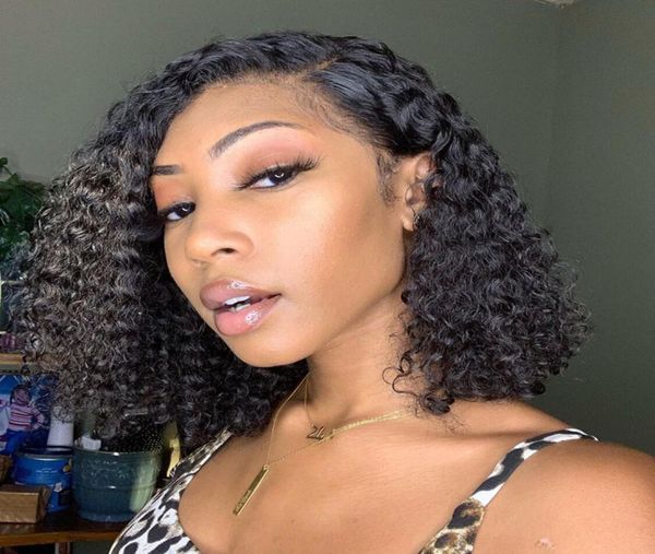 

human hair lace front bob wigs brazilian curly short full lace wig with baby hair side part glueless lace front wig for women1083021, Black;brown