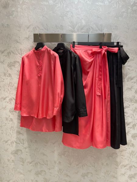 

2023 autumn fashion designer women solid colour long skirt set loose casual half neck single breasted shirt elegant bow long skirt 2 colour, White