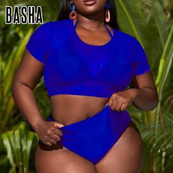 

women's swimwear bashasports custom new solid plus size 3 piece bikini set triangle halter with mesh tank swimsuit women high waist swi, White;black