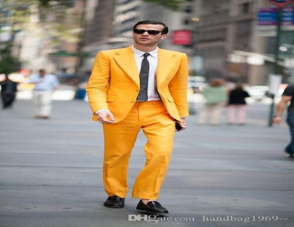 

two buttons yellow groom tuxedos groomsmen notch lapel man blazer mens wedding suits jacketpantstie d67039890, Black;gray