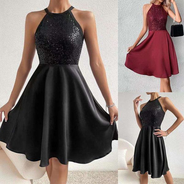 

summer sequin stitching sleeveless slim fit fashion solid color dress, Black;gray