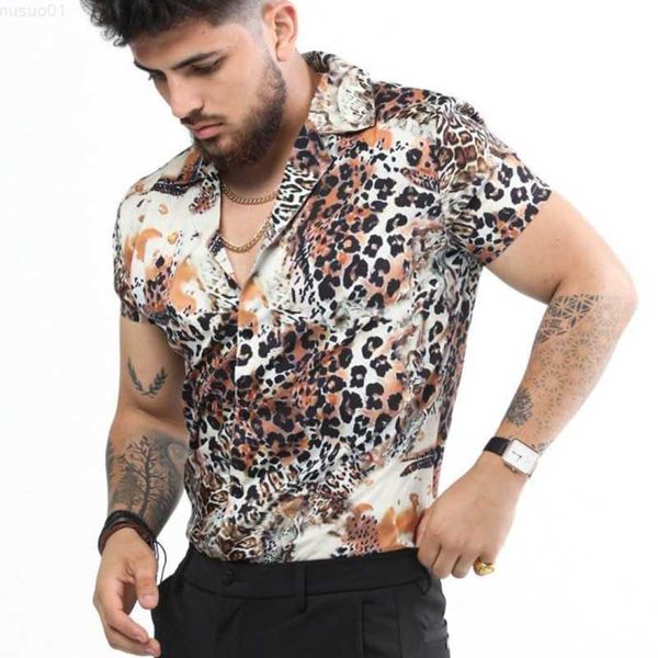 

men's casual shirts new casual slim button lapel short sleeve shirts men vintage leopard print shirt 2023 spring summer fashion men&#03, White;black
