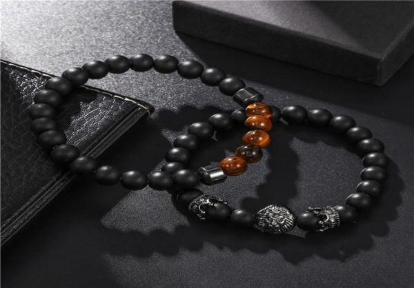 

charm bracelets 2pcsset fashion lion crown black frosted stone bead bracelet men classic matte for pave cz jewelry gift8350924, Golden;silver