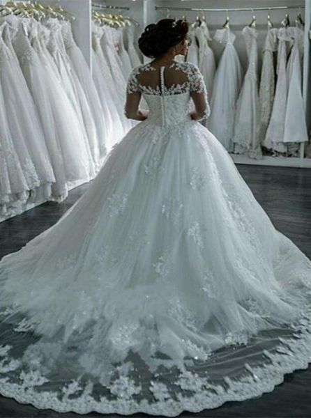 

new dubai elegant long sleeves aline wedding dresses sheer crew neck lace appliques beaded vestios de novia bridal gowns with but3271850, White